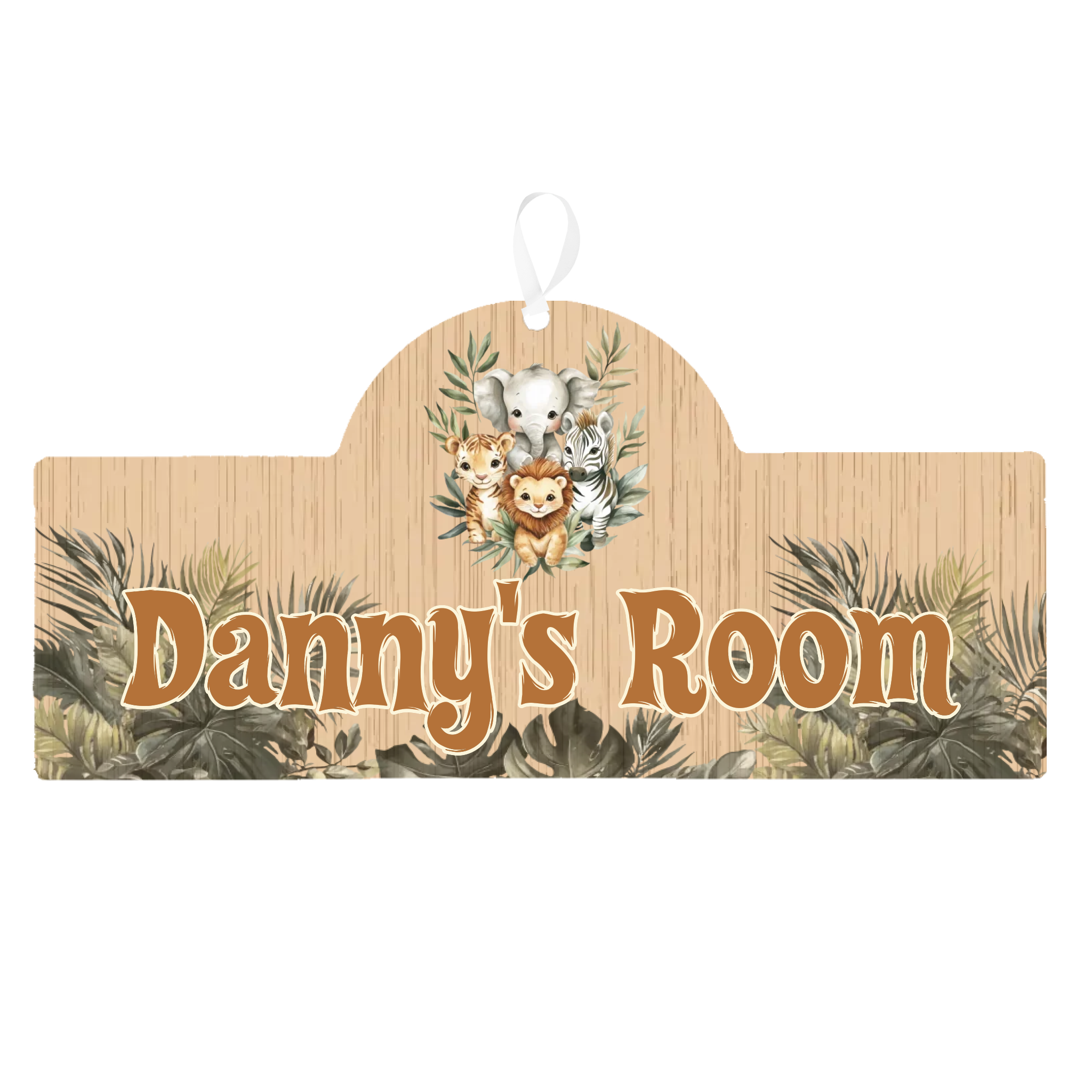Personalised plaque with animal illustrations and 'Danny's Room' text on a white background