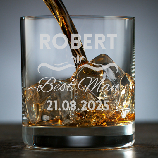 Glass with engraved text being filled with whiskey, on a dark background