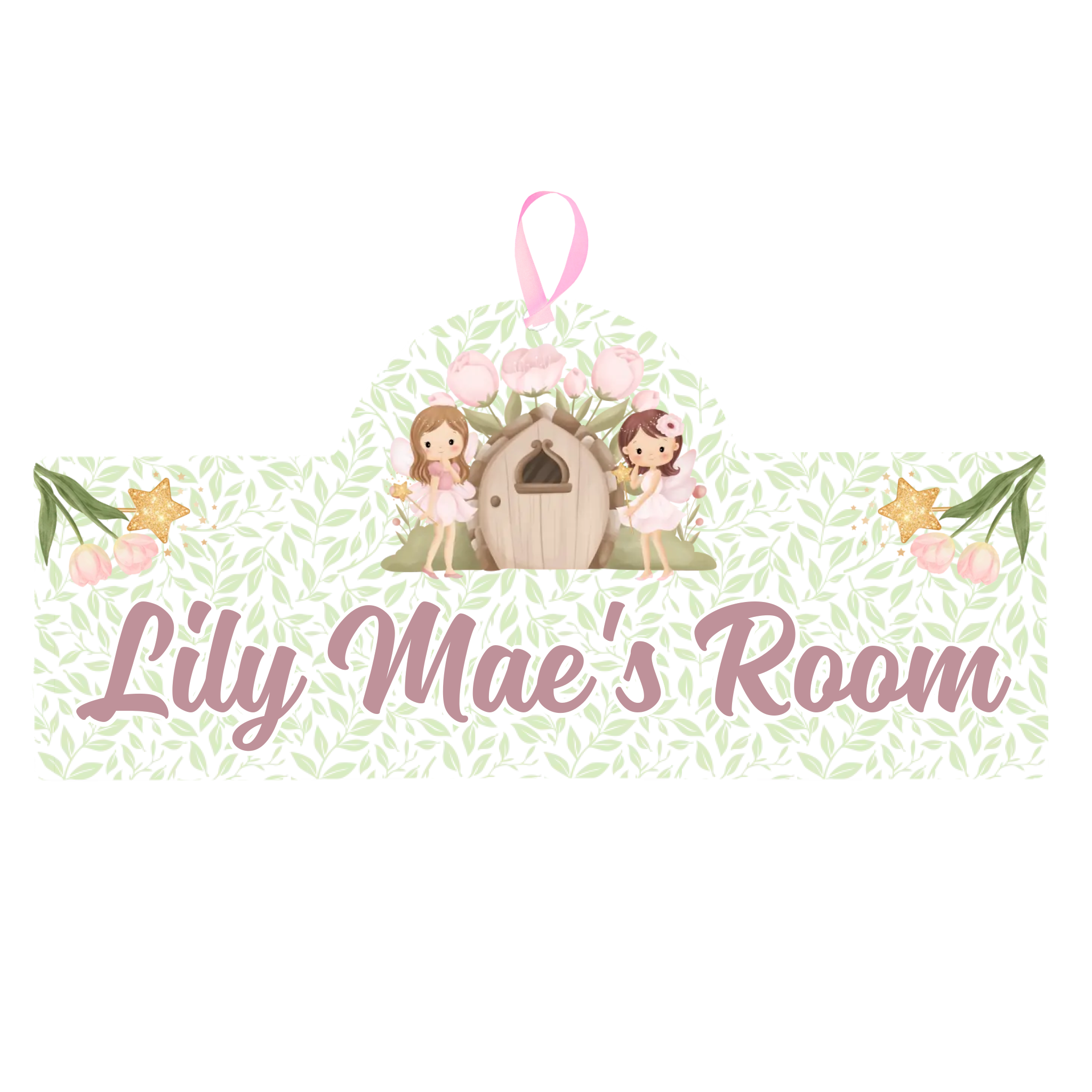 Decorative sign with fairy design and 'Lily Mae's Room' text on a white background
