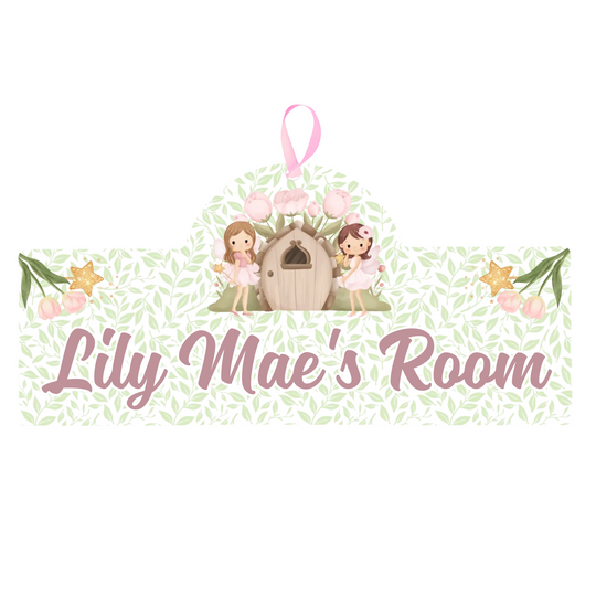 Decorative sign with fairy design and 'Lily Mae's Room' text on a white background