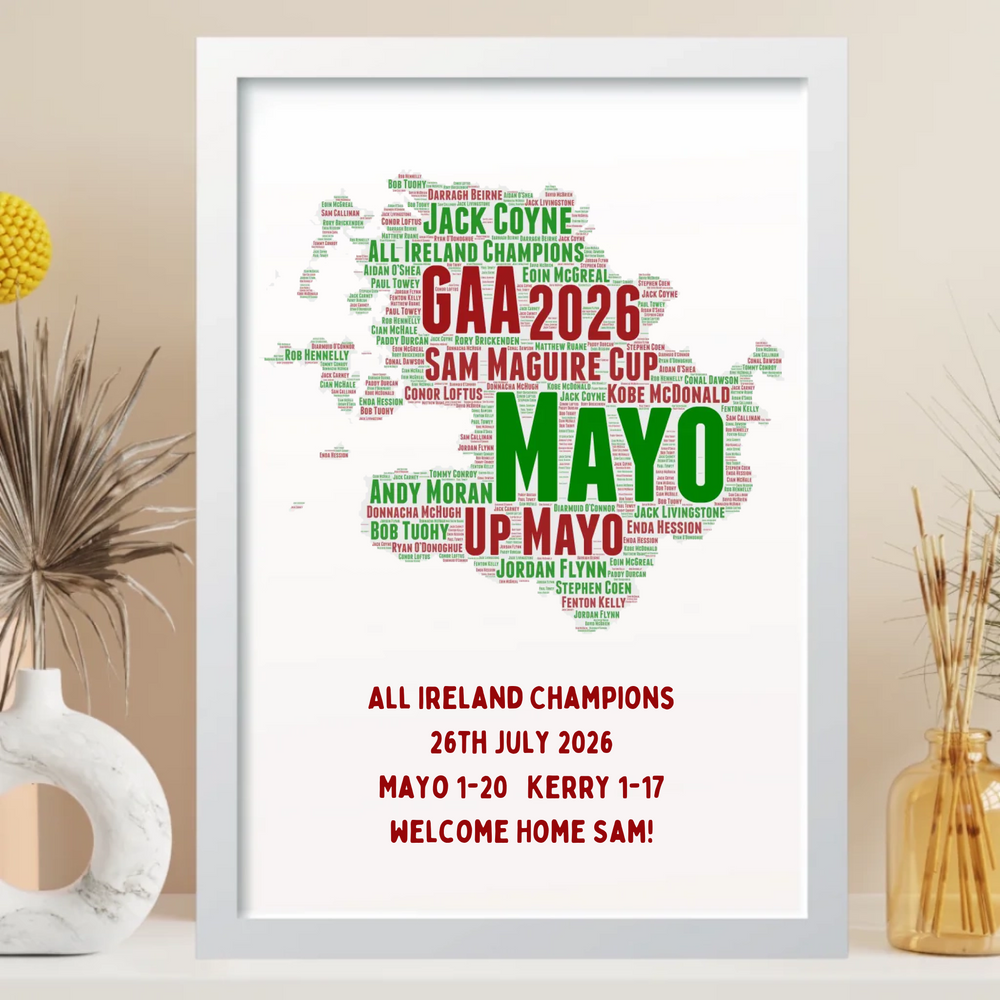 A framed personalized sports poster featuring a map silhouette of Ireland filled with player names and match text in green and red, displayed on a shelf with decorative dried stems and a vase.