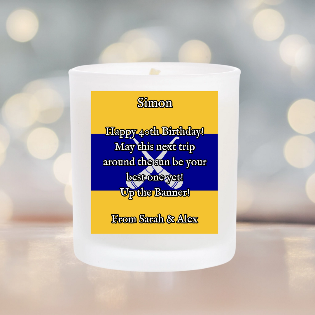 Scented candle with personalised label. Perfect for all GAA lovers, choose between a hurley and football and county colours