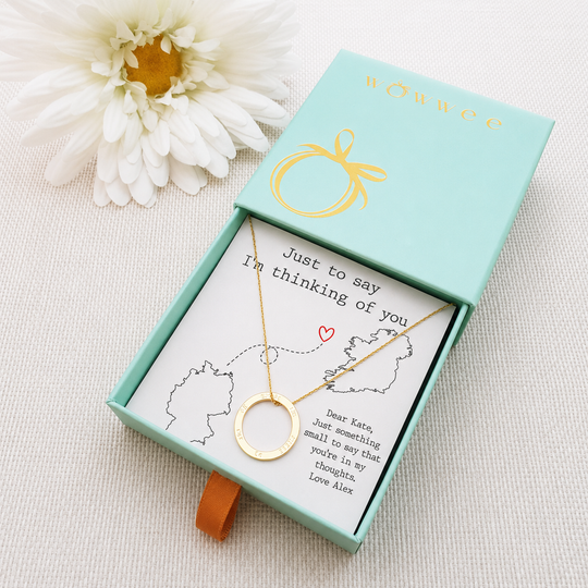 jewellery box insert with necklace. the insert has images of two different countries that are connected by a line. personalise with own image