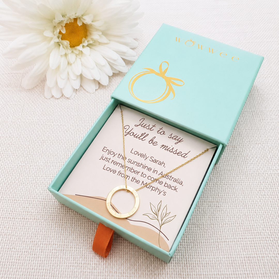 Personalised jewellery box insert with gold necklace. insert is cream with simple leaves and dunes. personalised with own message