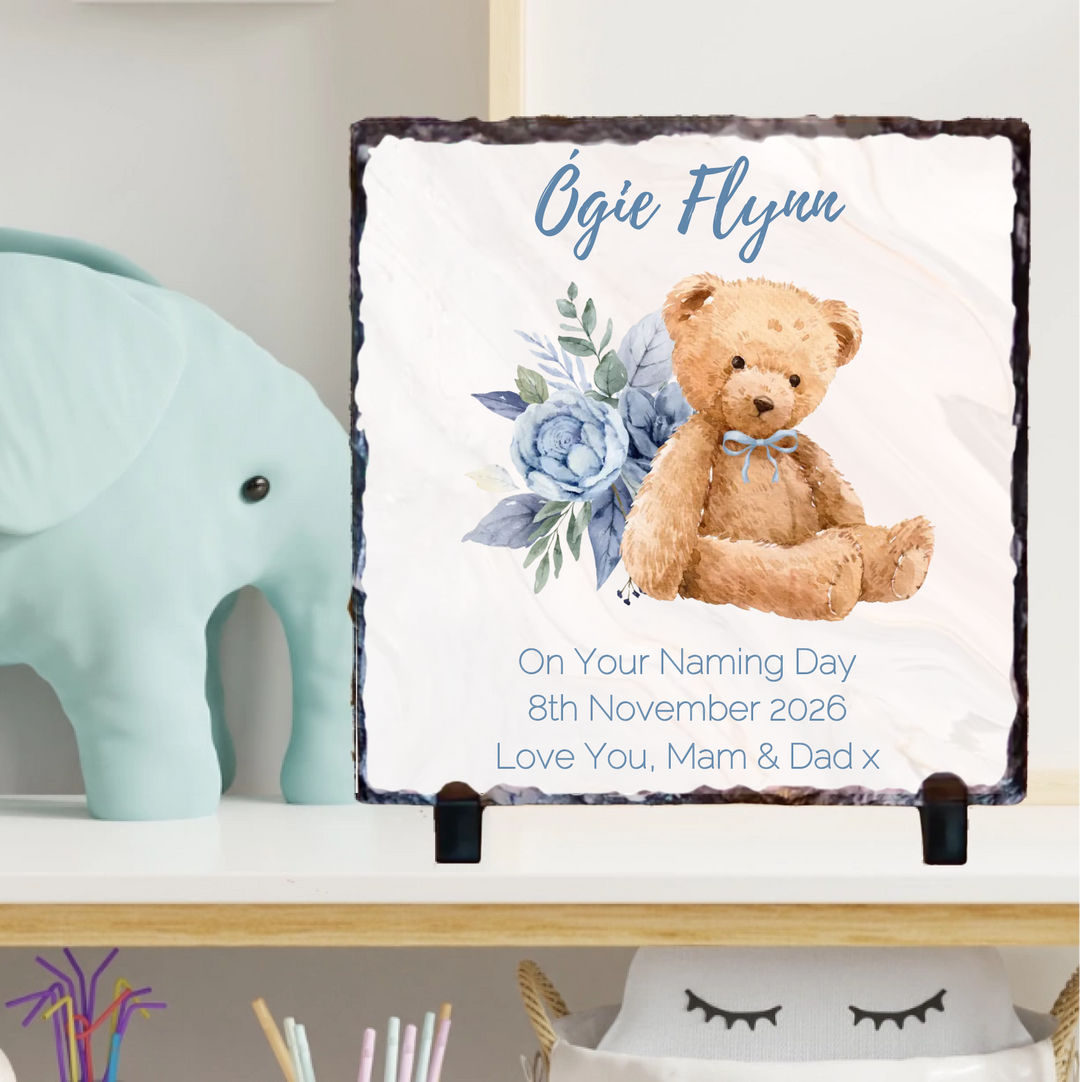 Personalised Naming Day Slate for Boys - Teddy Bear
