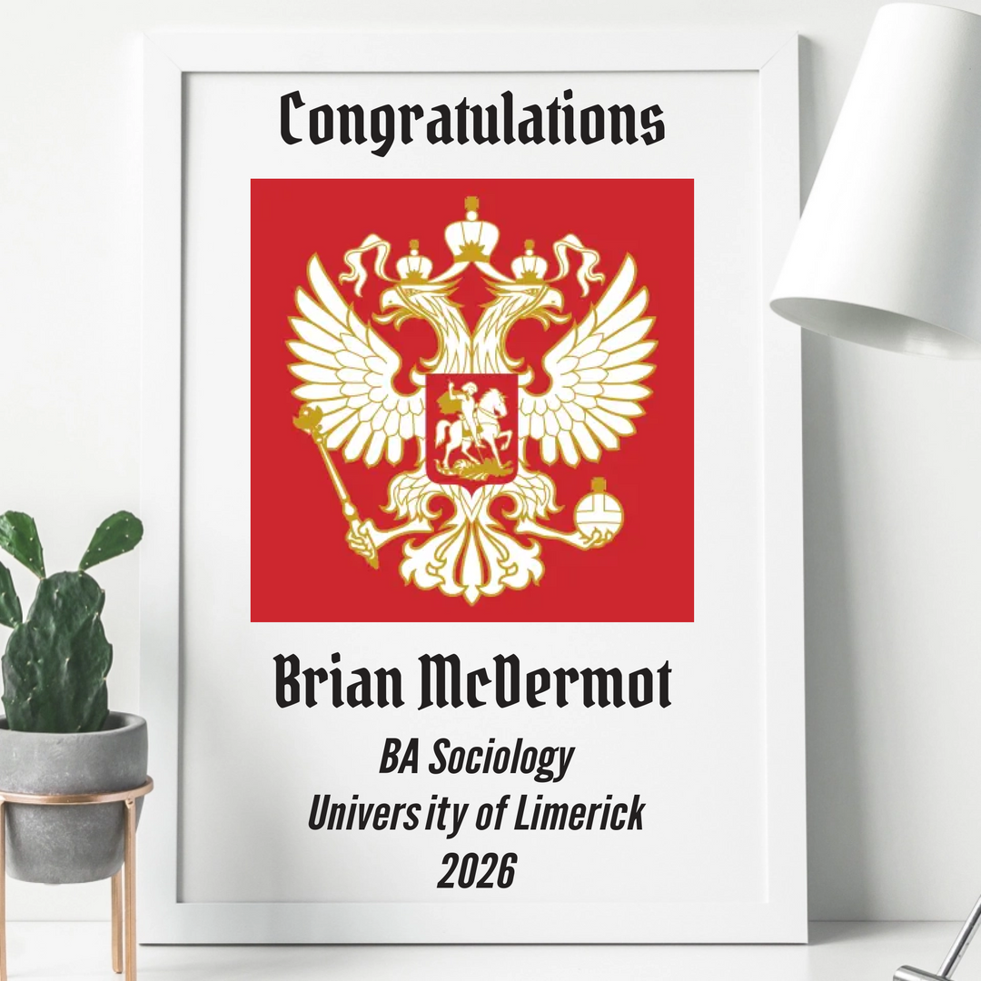 White wooden frame with a personalised graduation print. the print is A4 in size and is personalised with the graduate name, last name, university, degree and year. Upload your own university crest
