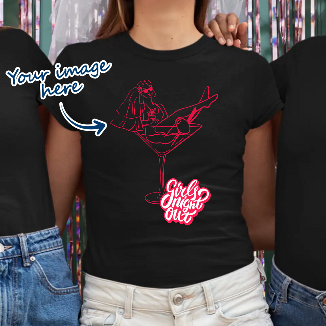 Woman wearing a black t-shirt for a hen party of bachelorette that is personalised with her own image