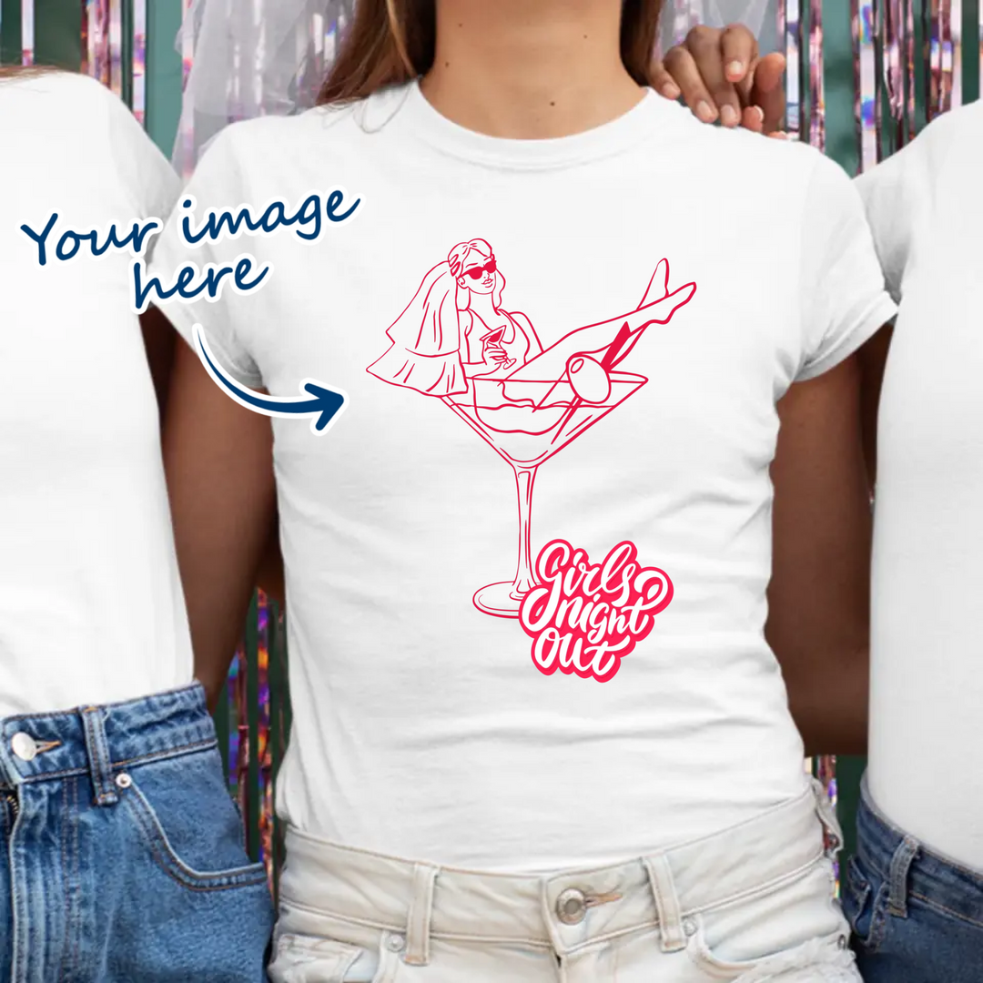 Woman wearing a white t-shirt for a hen night or bachelorette that is personalised with her own image