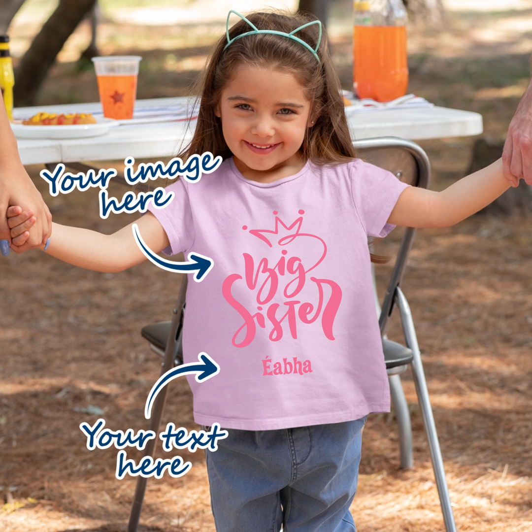 Girl wearing a t-shirt that is personalised with her own image and name. text is available in a variety of colours & fonts