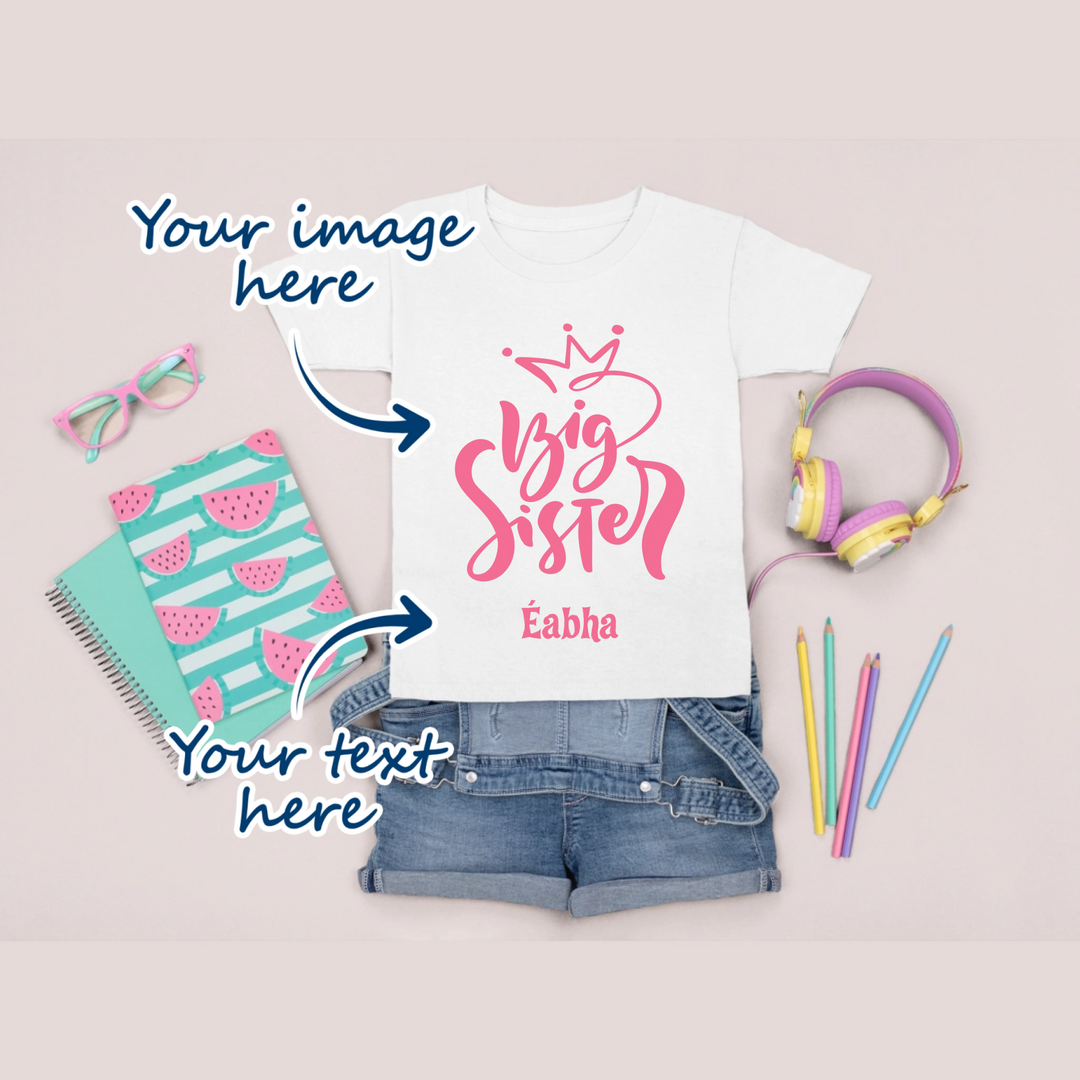 White kids t-shirt that is personalised with their own image and name. text is available in various fonts & font colours