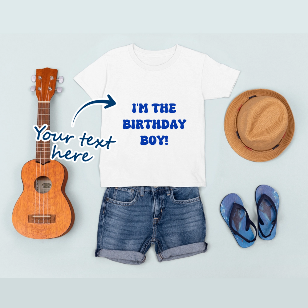 White kids t-shirt that is personalised with their own text. the text is available in a variety of fonts and font colours