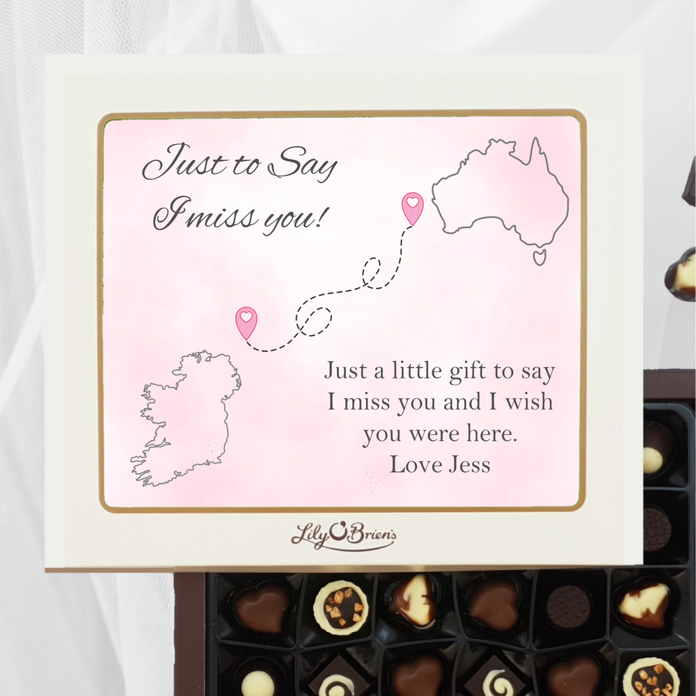 Personalised Lily O'Brien Chocolate Box where customer can choose their own country and another country that their friend is in. they can add their own message