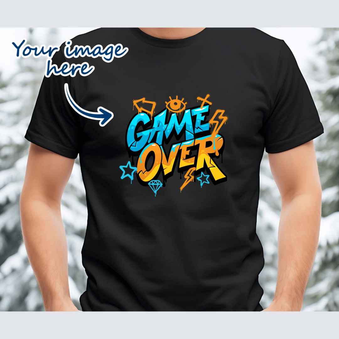 Man wearing a black t-shirt that is personalised with their own image