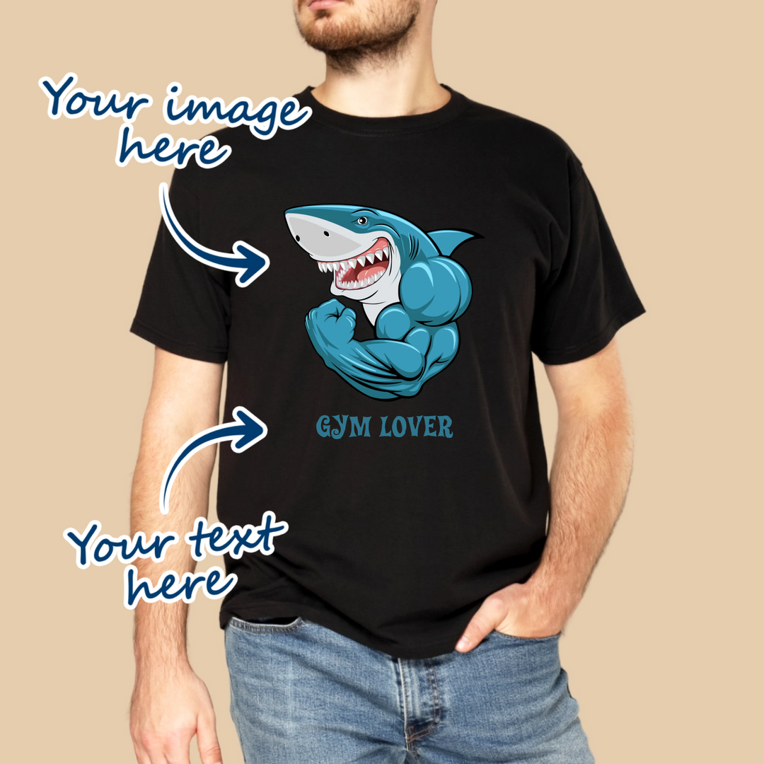 Man wearing a black t-shirt that is personalised with his own image and text. Text is available in various fonts and font colours