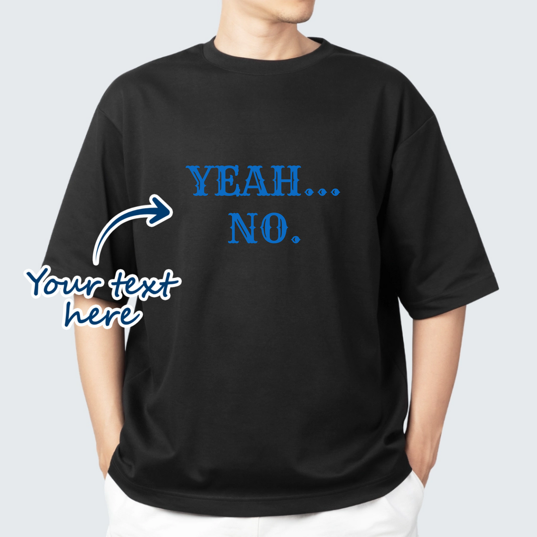 Man wearing black t-shirt that is personalised with their own text in different fonts and font colours