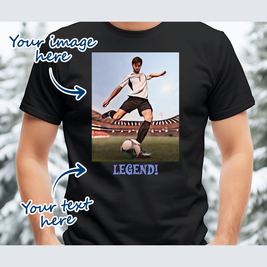 Man wearing a black t-shirt that is personalised with their own image and text. the image is converted into a cartoon caricature