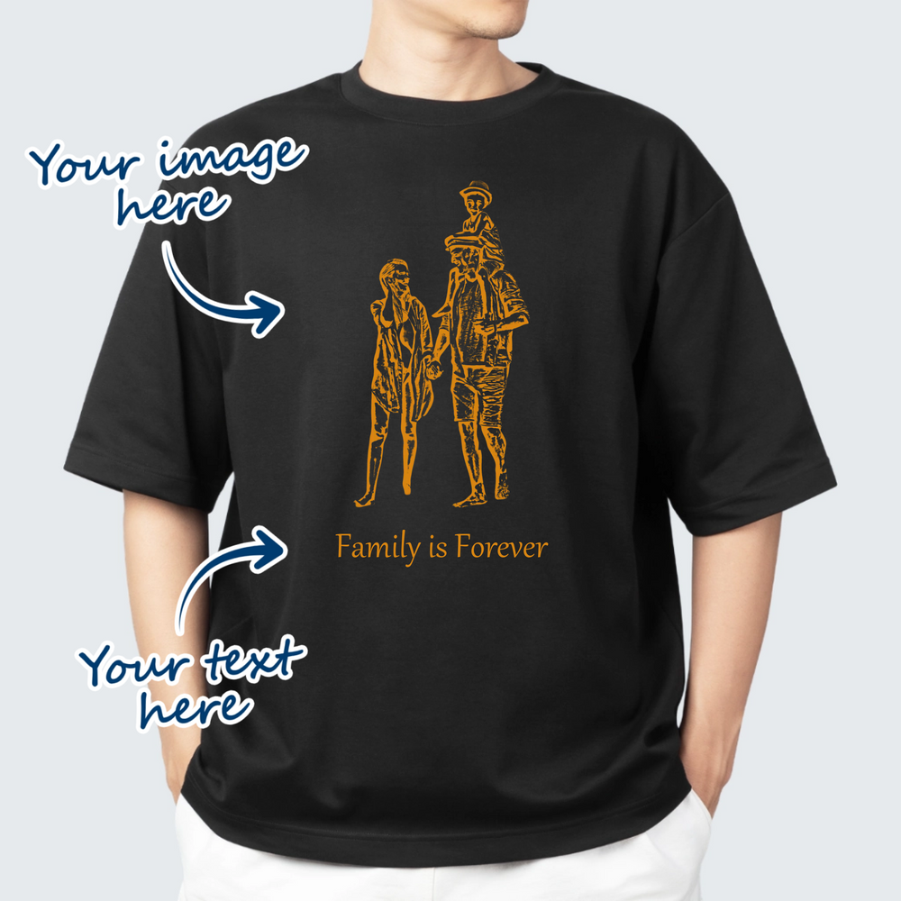 Man wearing a black t-shirt that is personalised with their own image that is turned into a portrait sketch effect