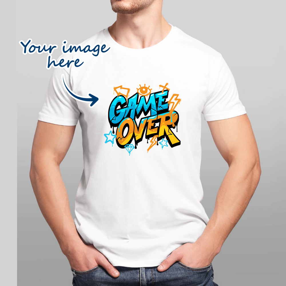 Man wearing a white t-shirt that is personalised with their own image