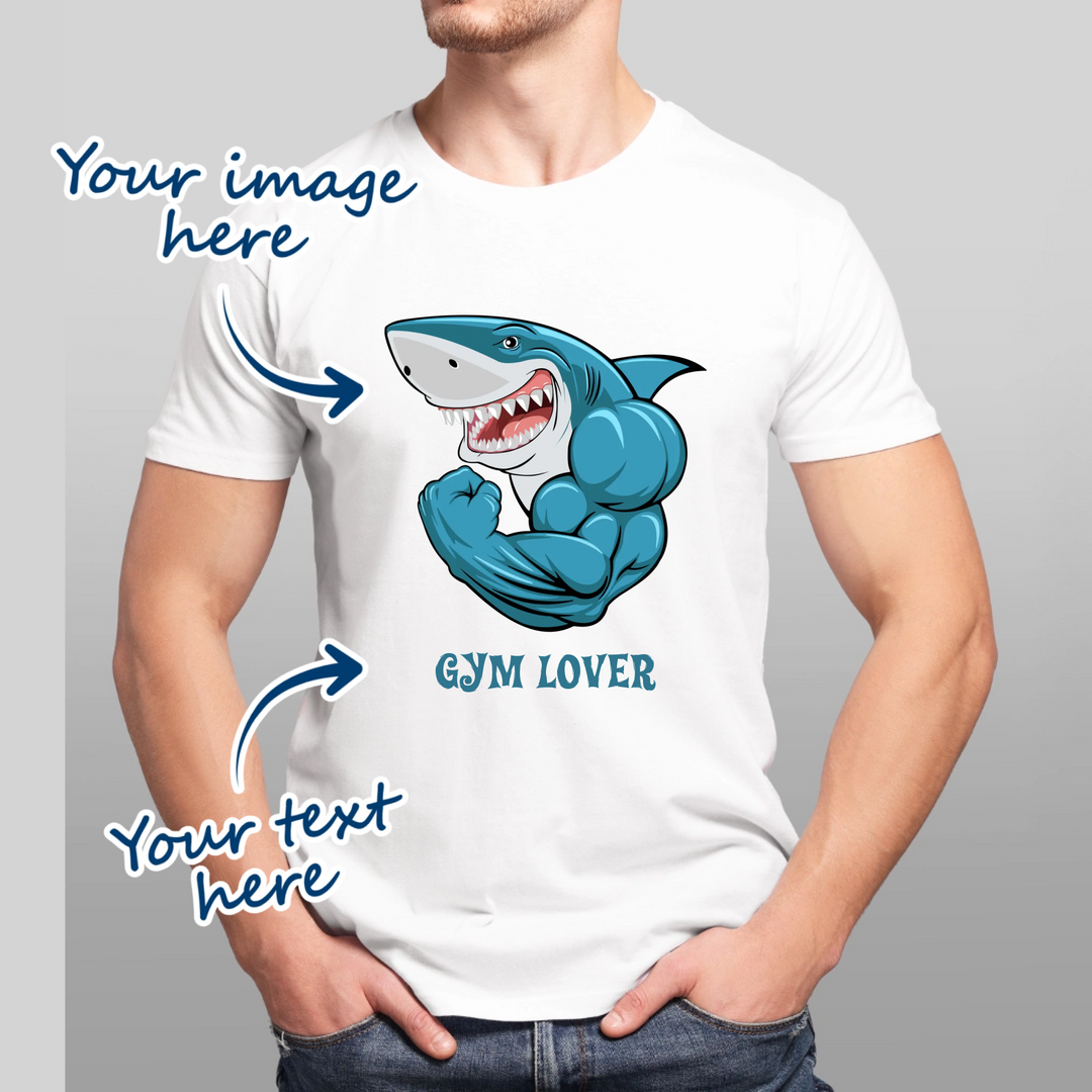 Man wearing white t-shirt that is personalised with his own image and text. Text is available in various fonts and font colours