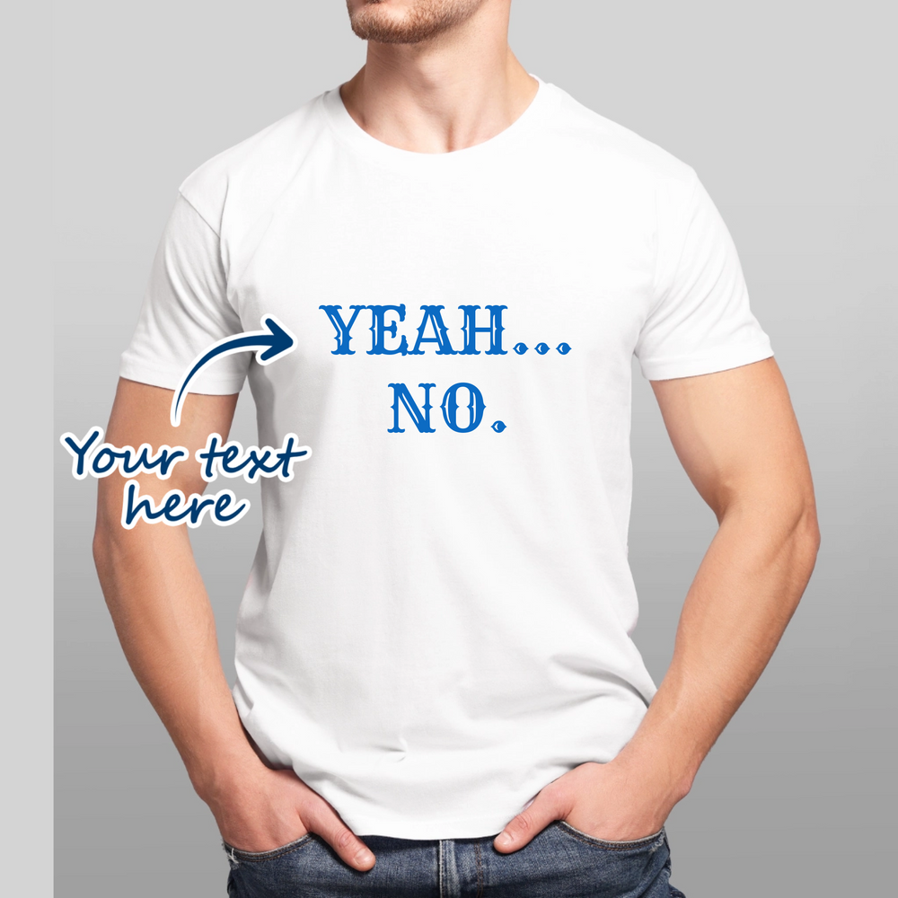 Man wearing white t-shirt that is personalised with their own text in different fonts and font colours