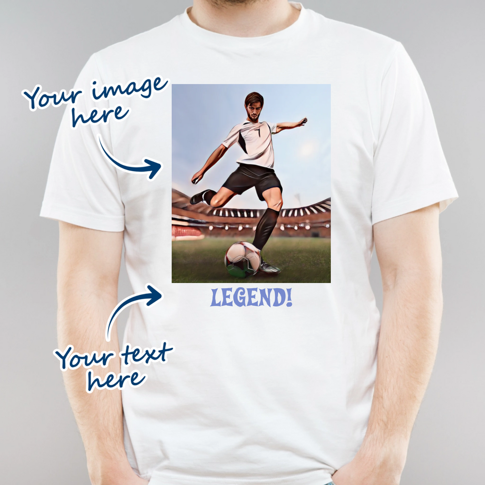 Man wearing a white t-shirt that is personalised with their own image and text. the image is turned into a cartoon caricature