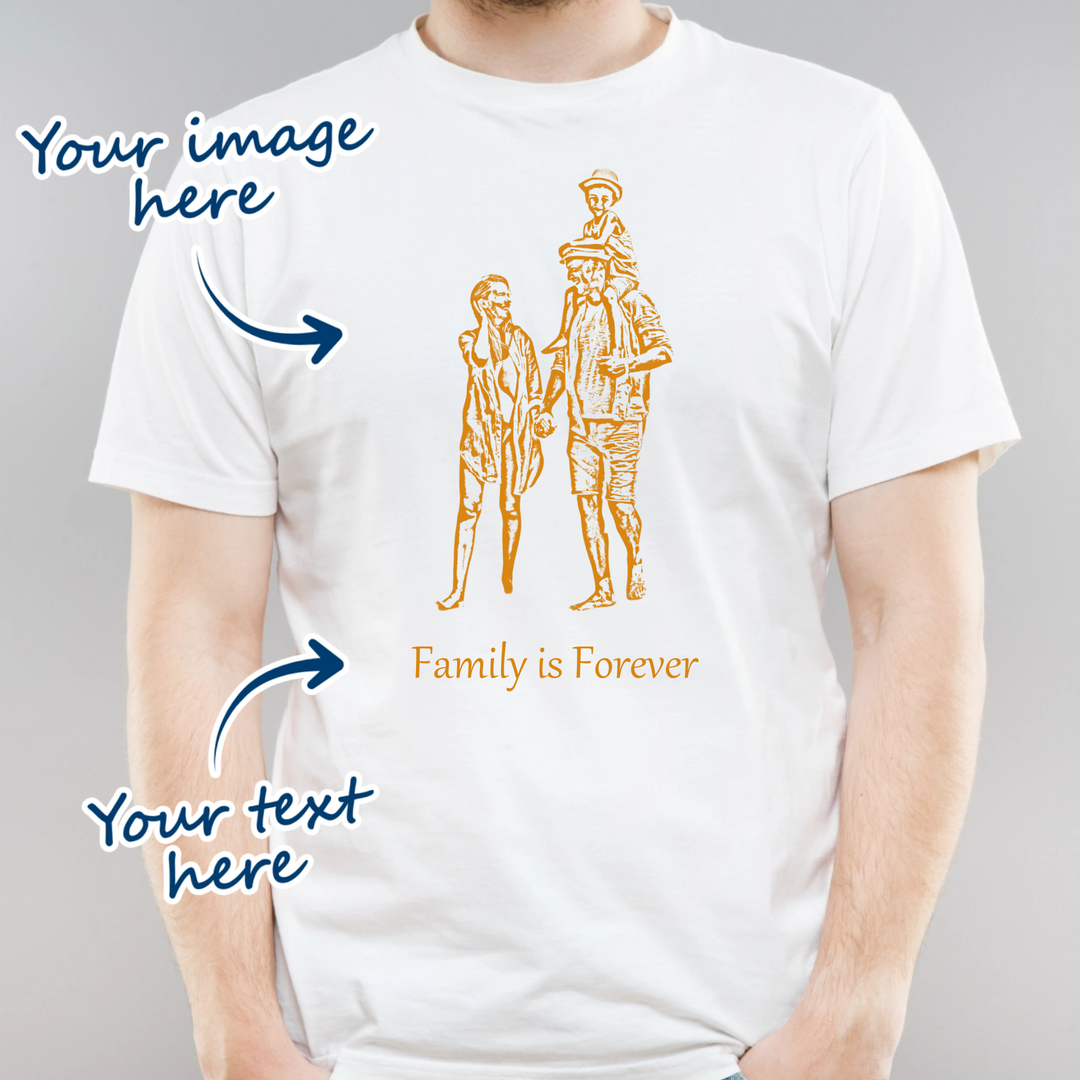Man wearing a white t-shirt that is personalised with their own image that is transformed into a portrait sketch effect