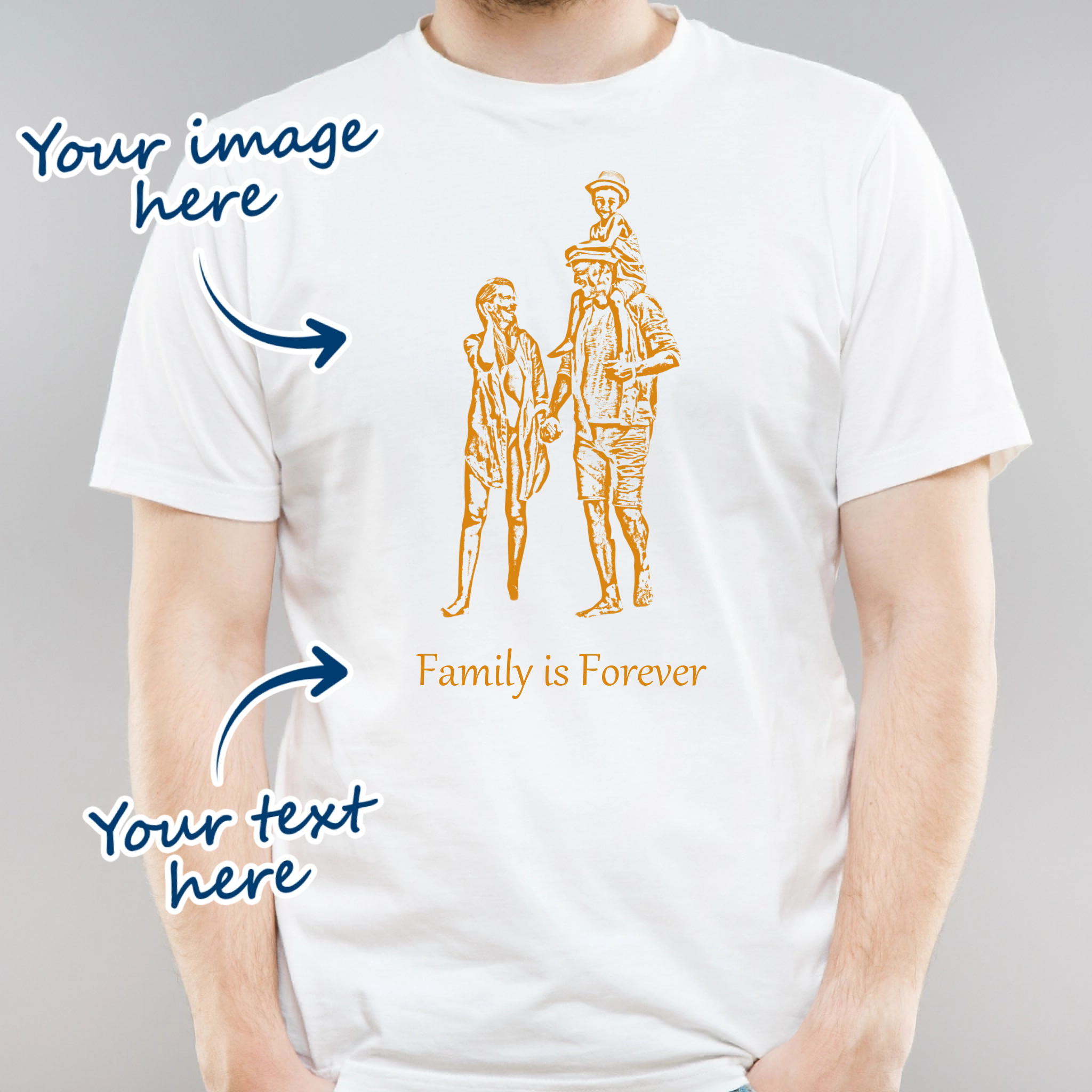 Man wearing a white t-shirt that is personalised with their own image that is transformed into a portrait sketch effect