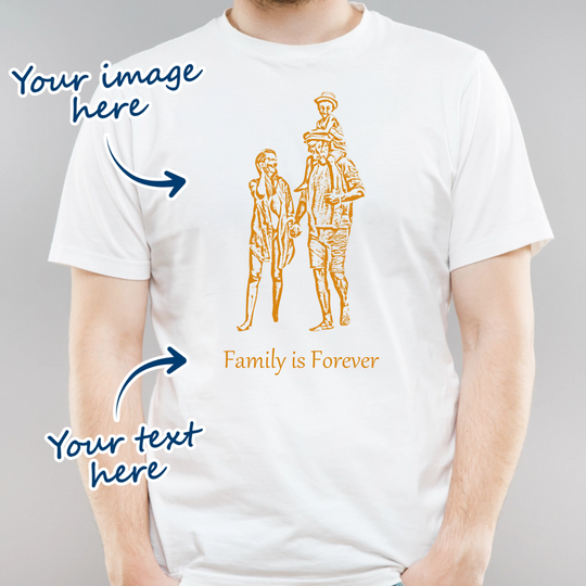 Man wearing a white t-shirt that is personalised with their own image that is transformed into a portrait sketch effect