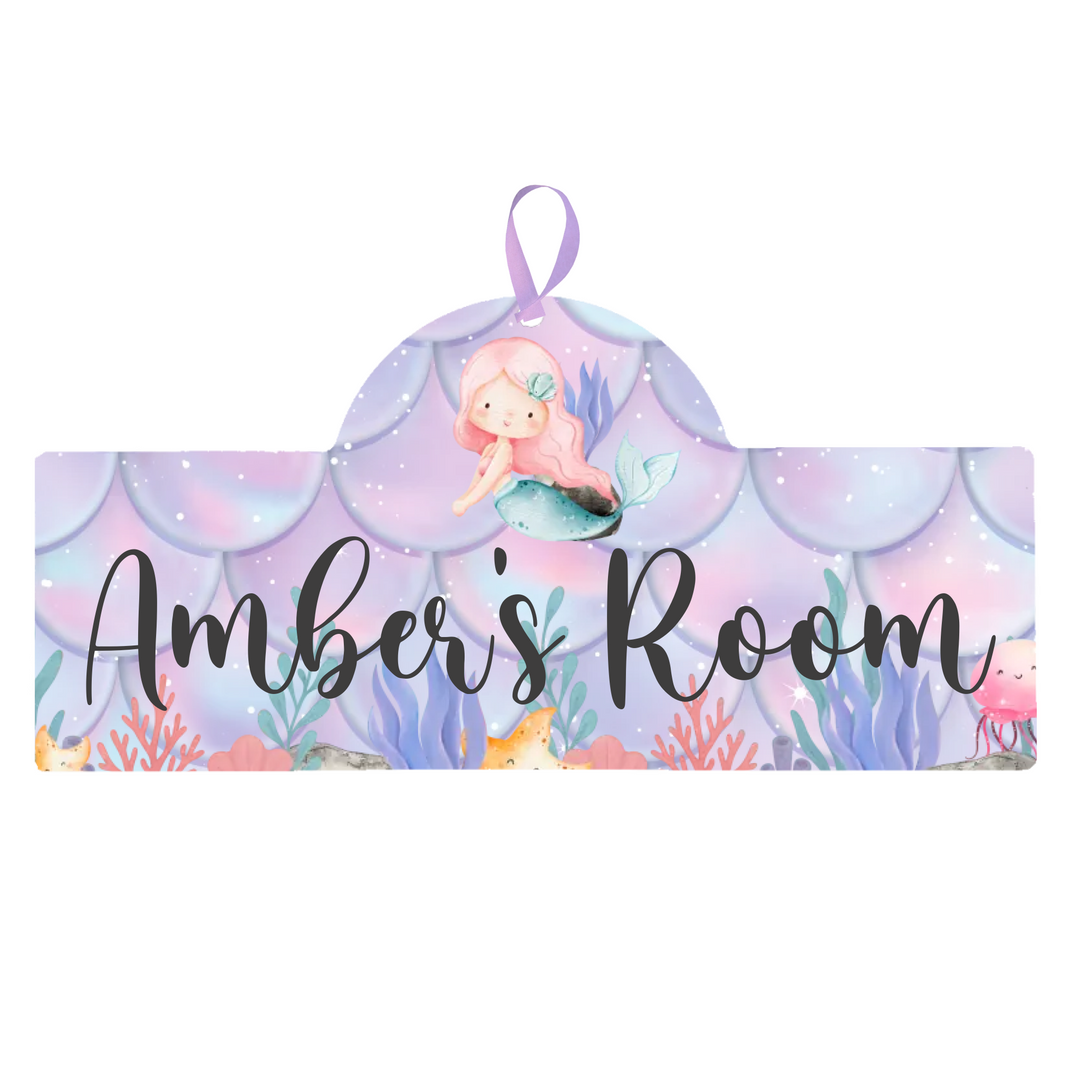 Personalised sign with mermaid design and 'Amber's Room' text on a white background