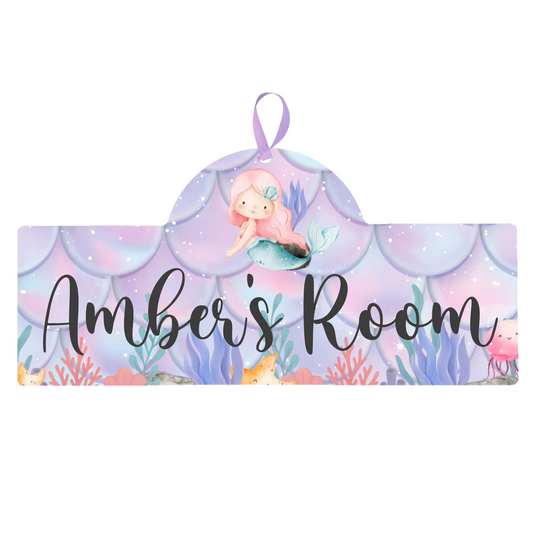 Personalised sign with mermaid design and 'Amber's Room' text on a white background