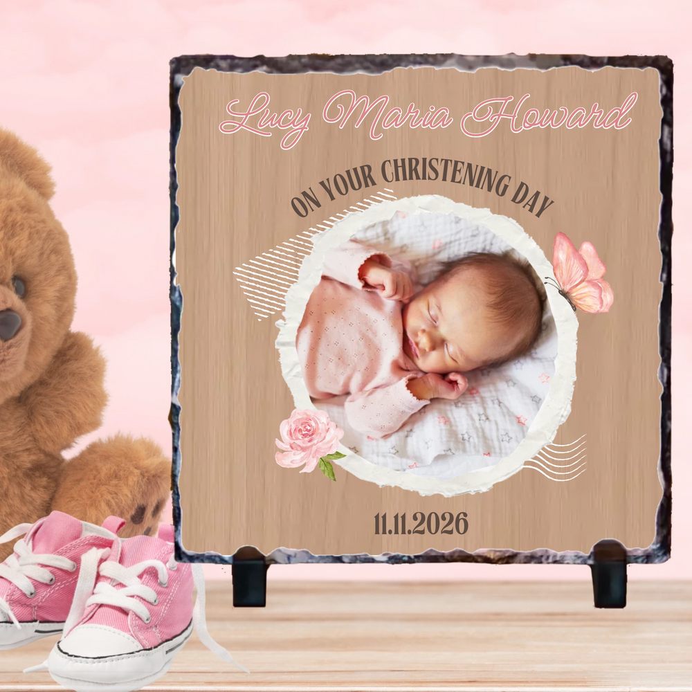 Personalised Christening Slate for Girls - Rustic with Photo