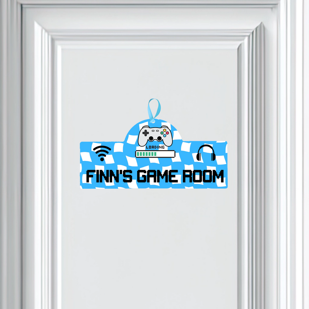 Decorative sign for 'Finn's Game Room' with gaming-themed design on a white background