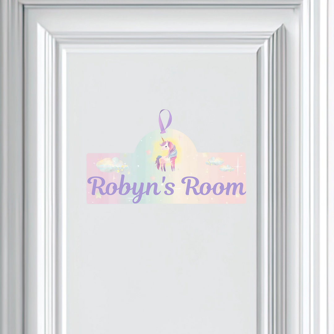 Decorative door plaque with unicorn design and 'Robyn's Room' text on a white background