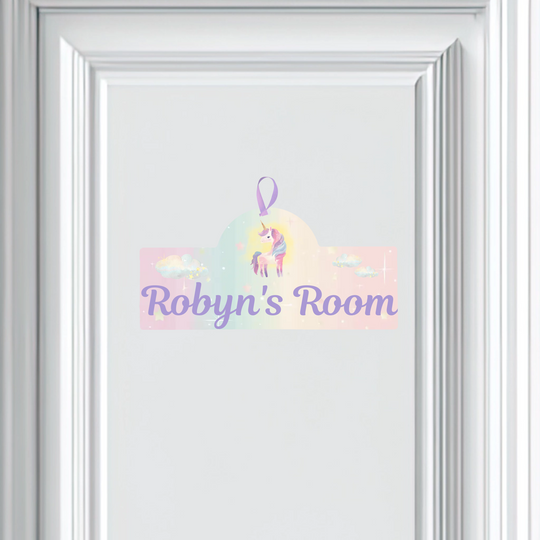 Decorative door plaque with unicorn design and 'Robyn's Room' text on a white background