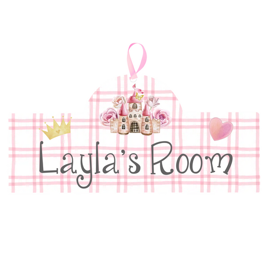 Decorative sign with 'Layla's Room' text, castle, and hearts on a pink plaid background.