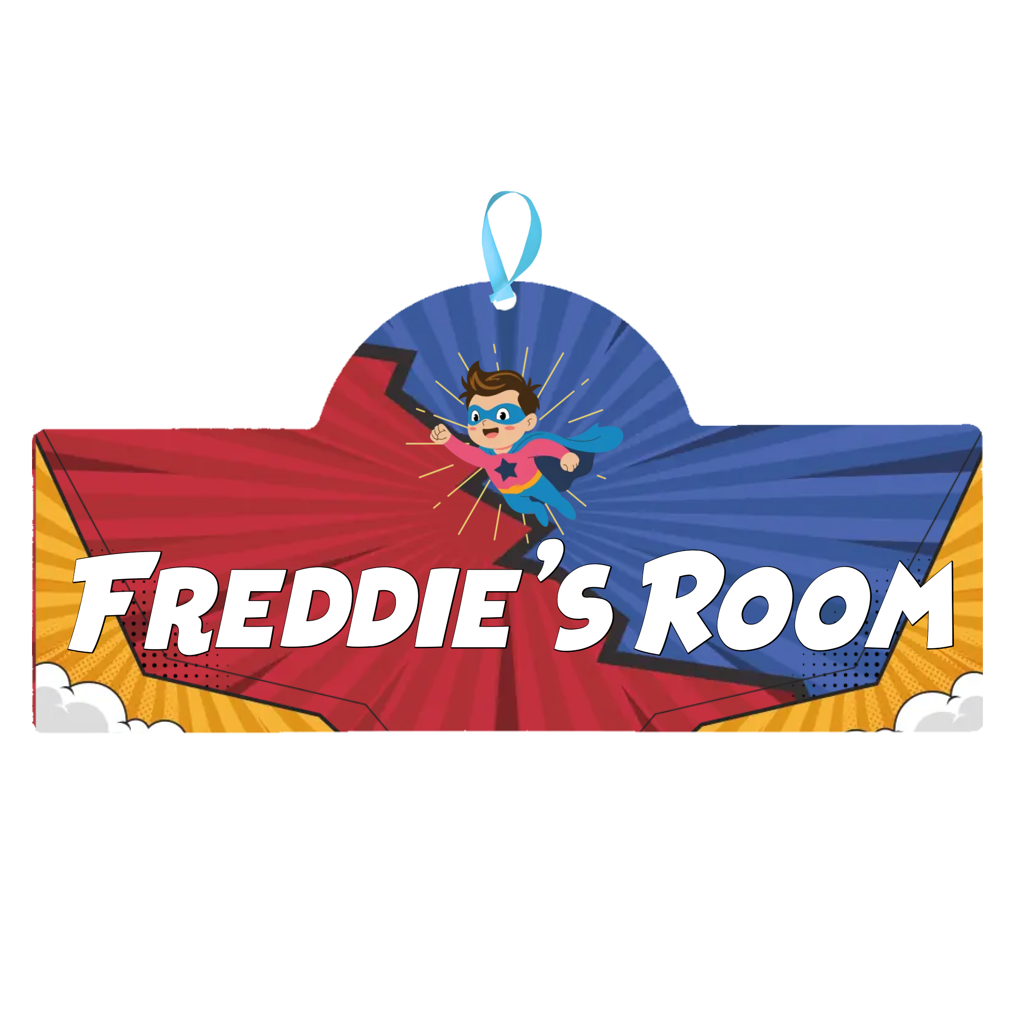 Superhero-themed room sign with cape and 'Freddie's Room' text on a white background