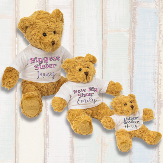 Three plush teddy bears with personalized t-shirts indicating biggest, big, and littlest siblings, in a posed arrangement on a wooden surface.