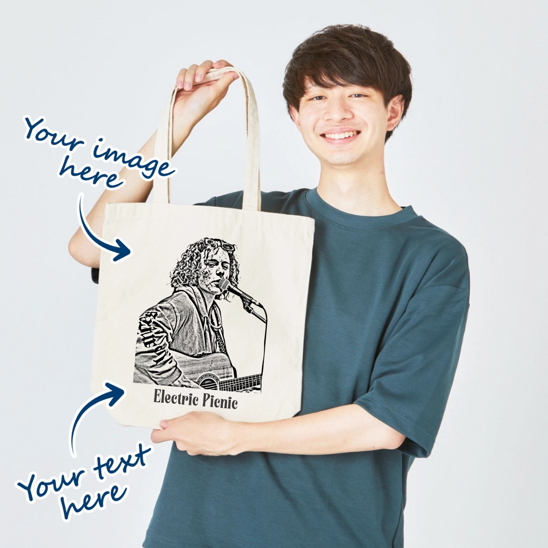cream or natural tote bag with image upload that transforms into portrait sketch. option to add own text as well