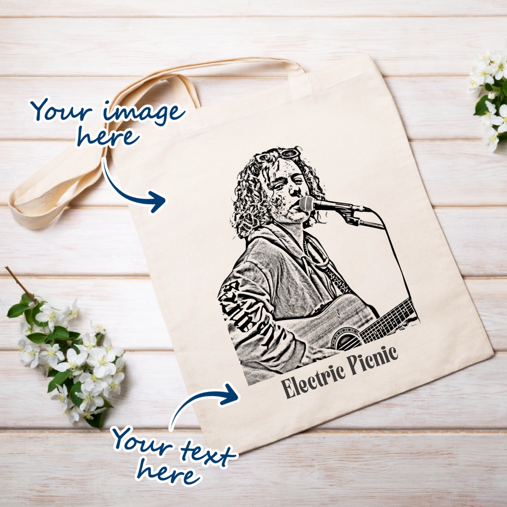 cream or natural tote bag with image upload that transforms into portrait sketch. option to add own text as well