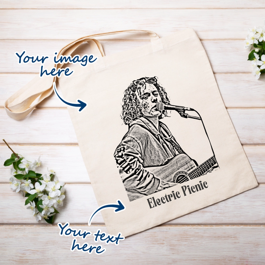 cream or natural tote bag with image upload that transforms into portrait sketch. option to add own text as well