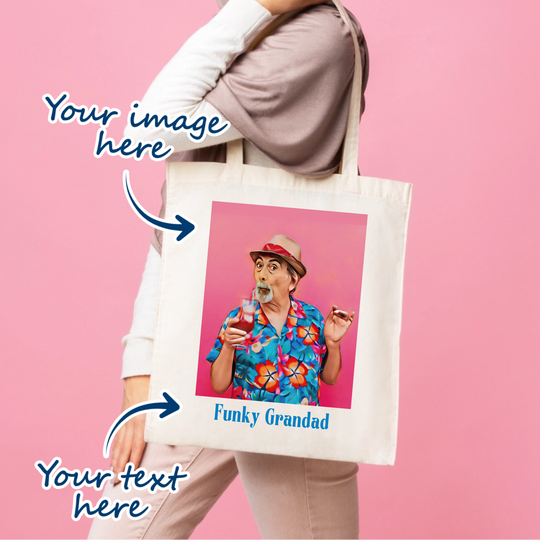 Cream or natural colour tote bag with option of adding your own image that will be turned into a caricature cartoon. option to add your own message as well