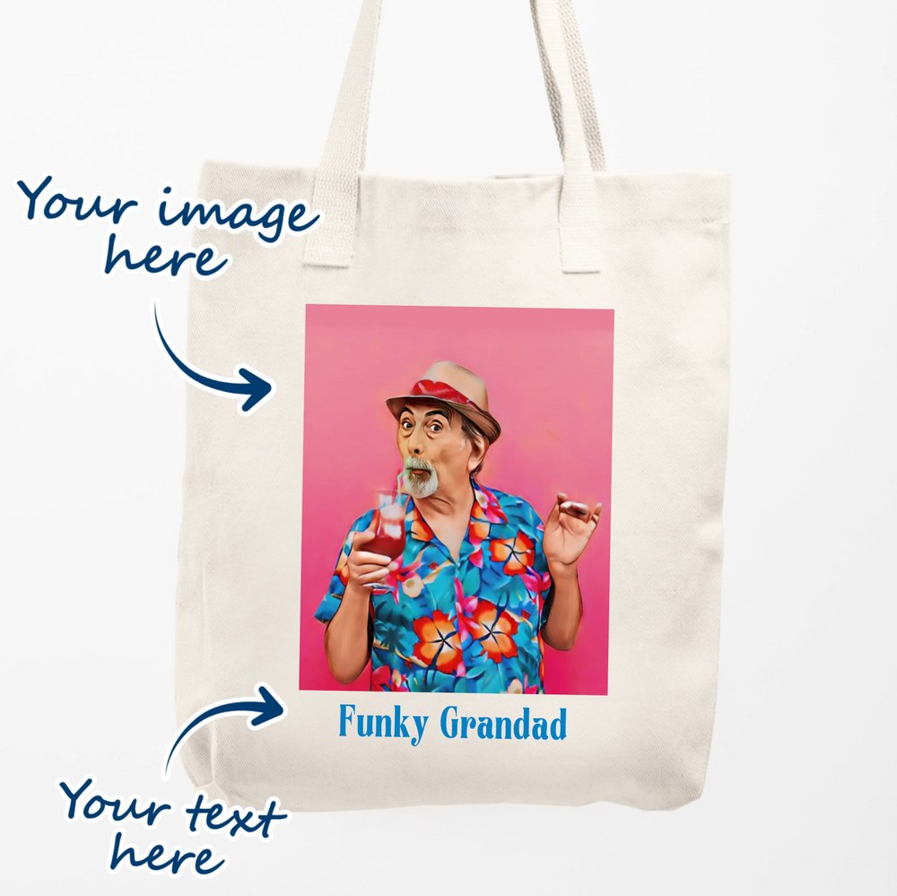 Cream or natural tote bag with option of adding your own image that will be turned into a caricature cartoon. option to add your own message as well