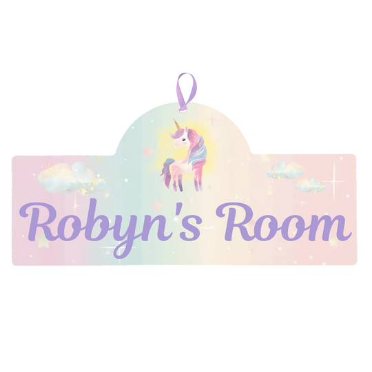 Decorative room sign with a unicorn and rainbow design, personalized for 'Robyn's Room'.