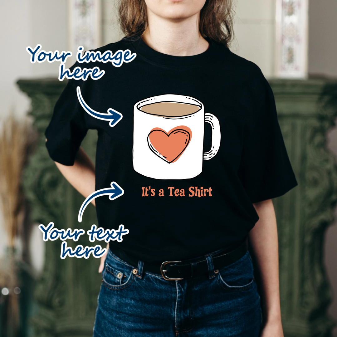 Woman wearing a black unisex t-shirt that is personalised with her own image and text. Text is available in a variety of fonts and font colours