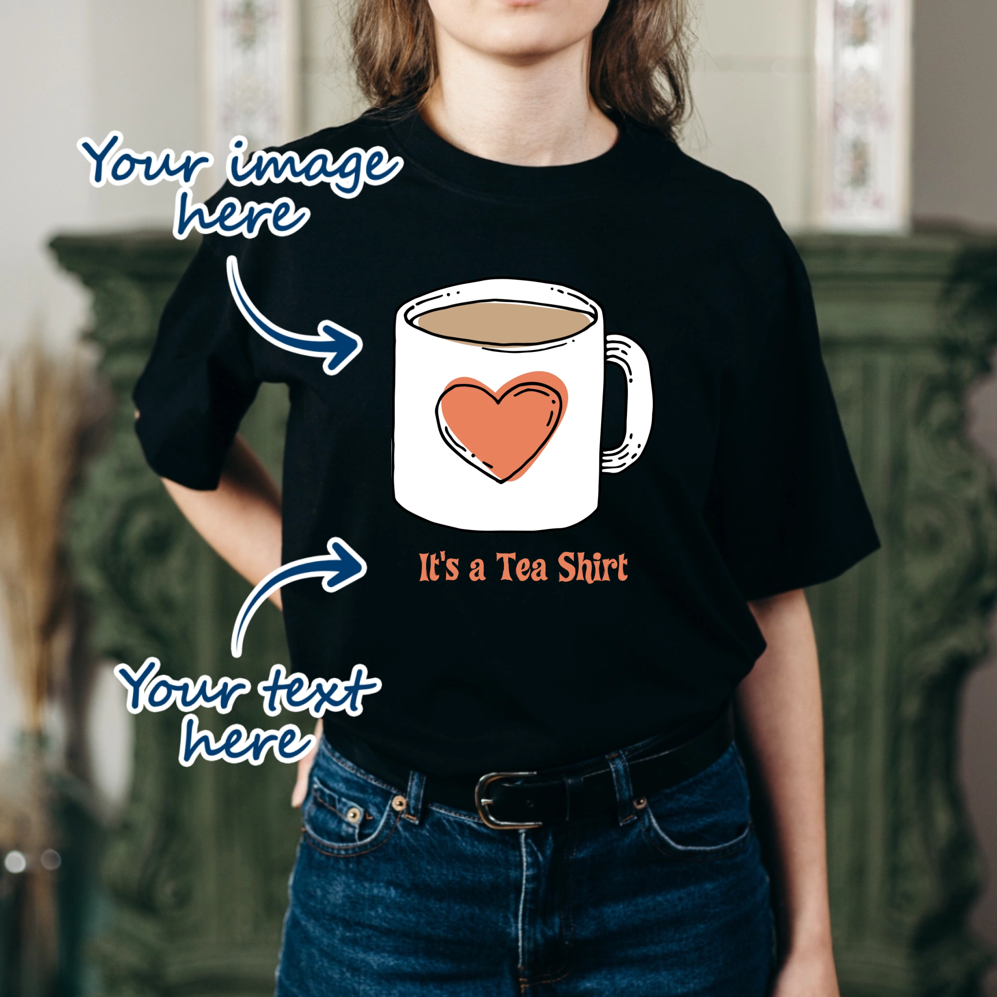 Woman wearing a black unisex t-shirt that is personalised with her own image and text. Text is available in a variety of fonts and font colours
