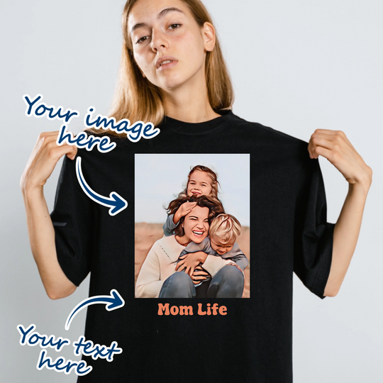 Woman wearing black t-shirt that is personalised with their own image that is transformed into a caricature cartoon.