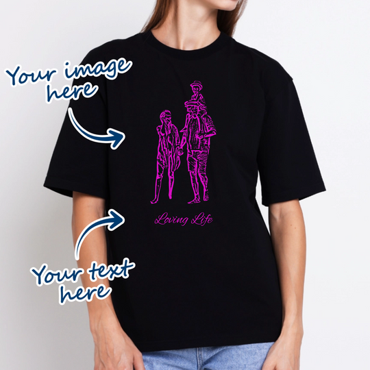 Woman wearing a black t-shirt that is personalised with her own image that is transformed into a portrait sketch effect
