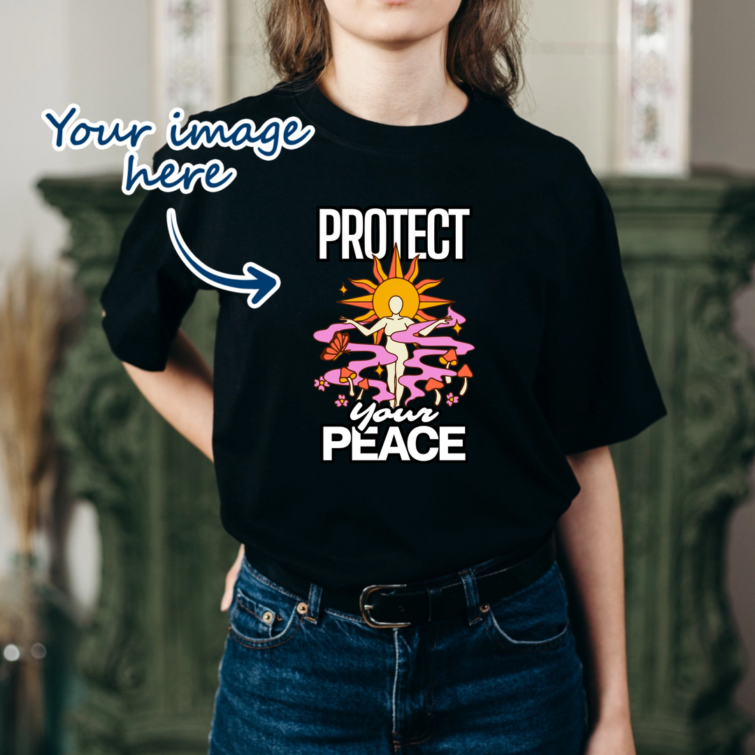 Woman wearing a black t-shirt that is personalised with on image
