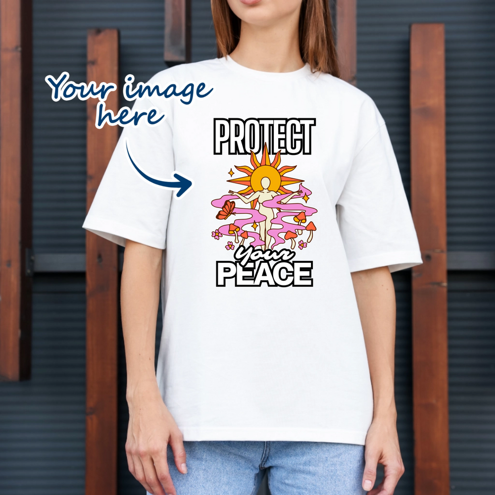 Woman wearing a white t-shirt that is personalised with on image