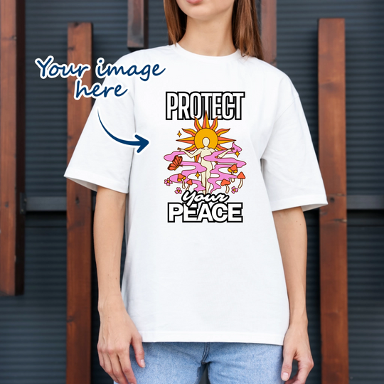 Woman wearing a white t-shirt that is personalised with on image